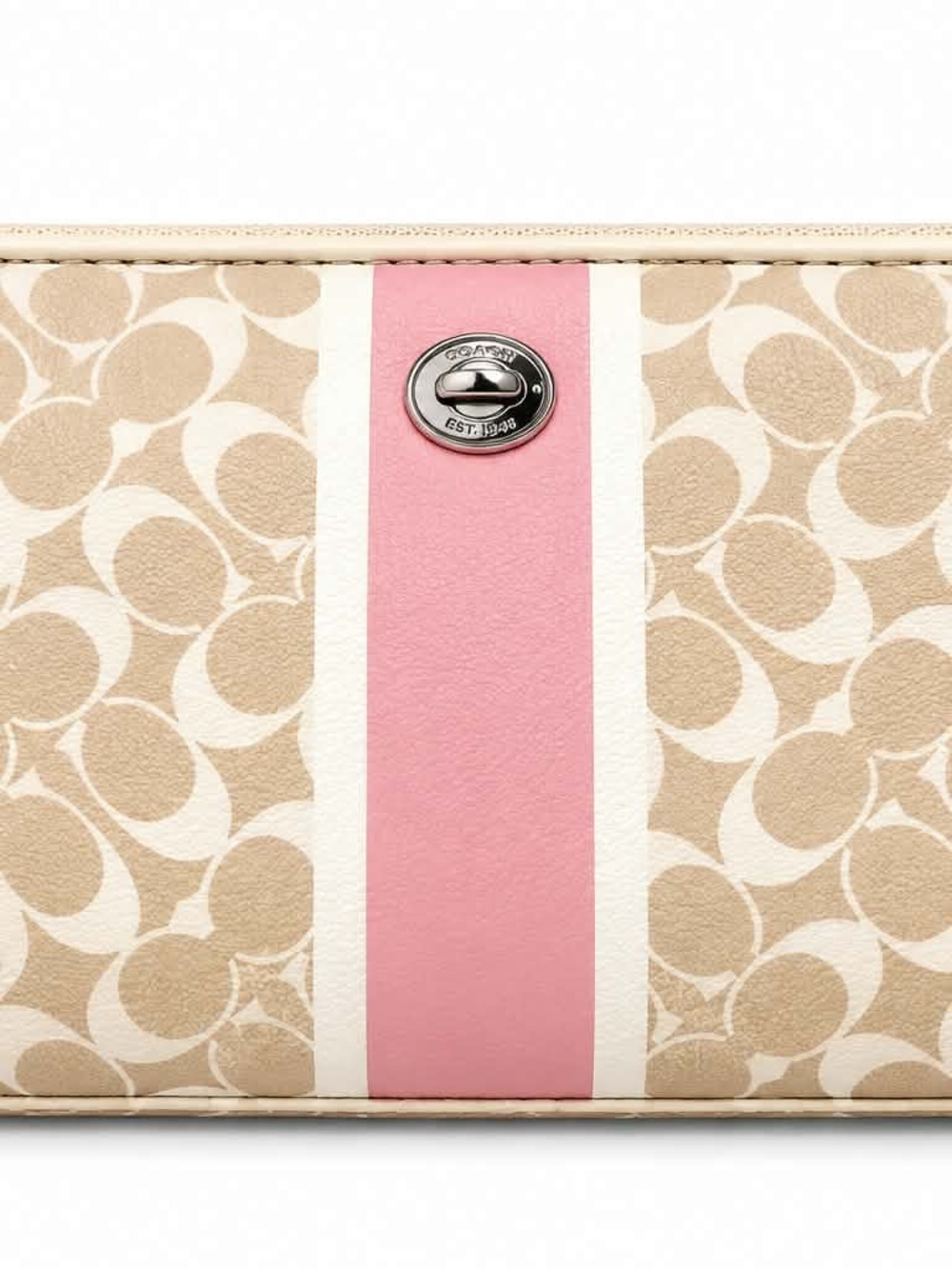 Coach Beige Signature Canvas Wallet with Pink Stripe